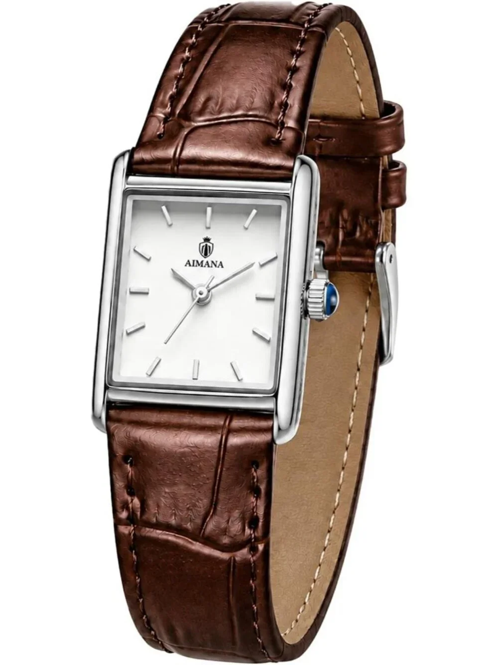 Women's Silver Case Brown Rectangle Vintage Leather Strap  Quartz Movement Watch
